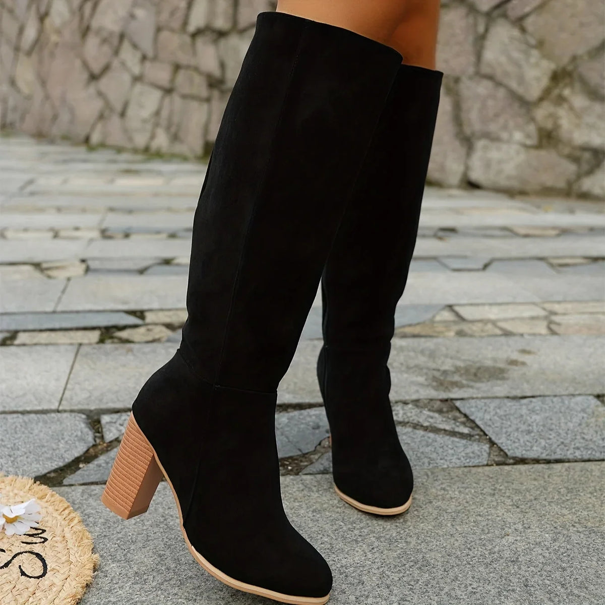 Knee High Boots Women Pointed Toe Block Heel in Black