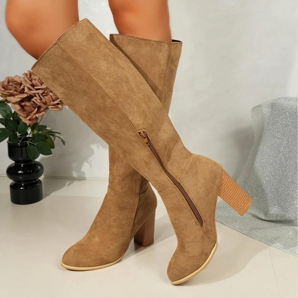 Knee High Boots Women Pointed Toe Block Heel in Camel
