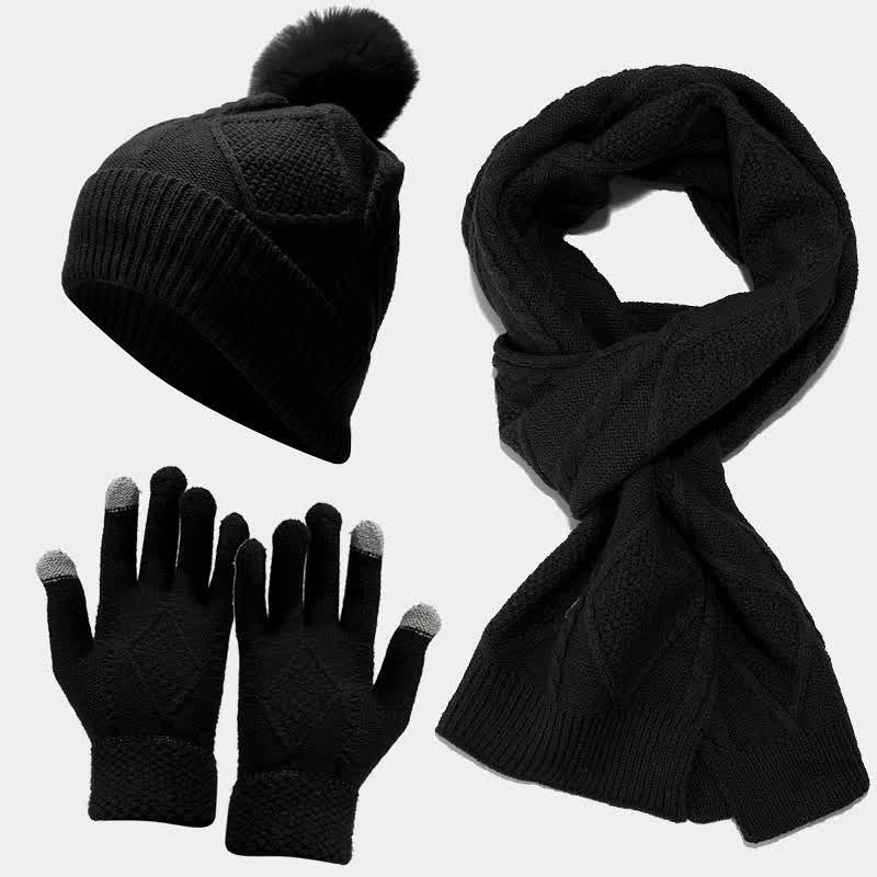 Scarf Hat and Gloves Set Women Knit in Black