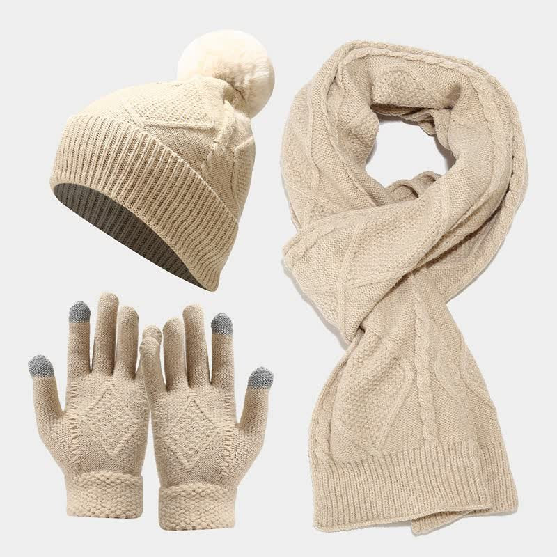 Scarf Hat and Gloves Set Women Knit in Beige