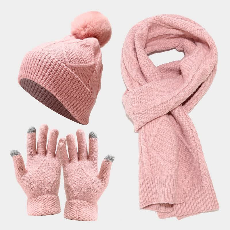 Scarf Hat and Gloves Set Women Knit in Pink