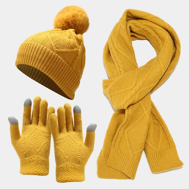 Scarf Hat and Gloves Set Women Knit in Yellow