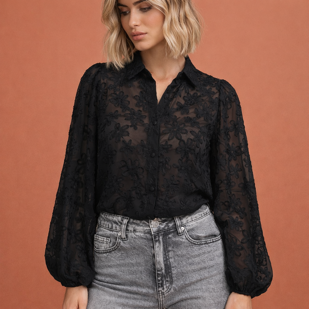 SORAYA | Women's Sheer Black Blouse with Floral Embroidery