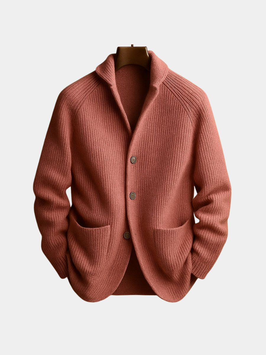Men's Ribbed Wool Cardigan in Brown, Warm