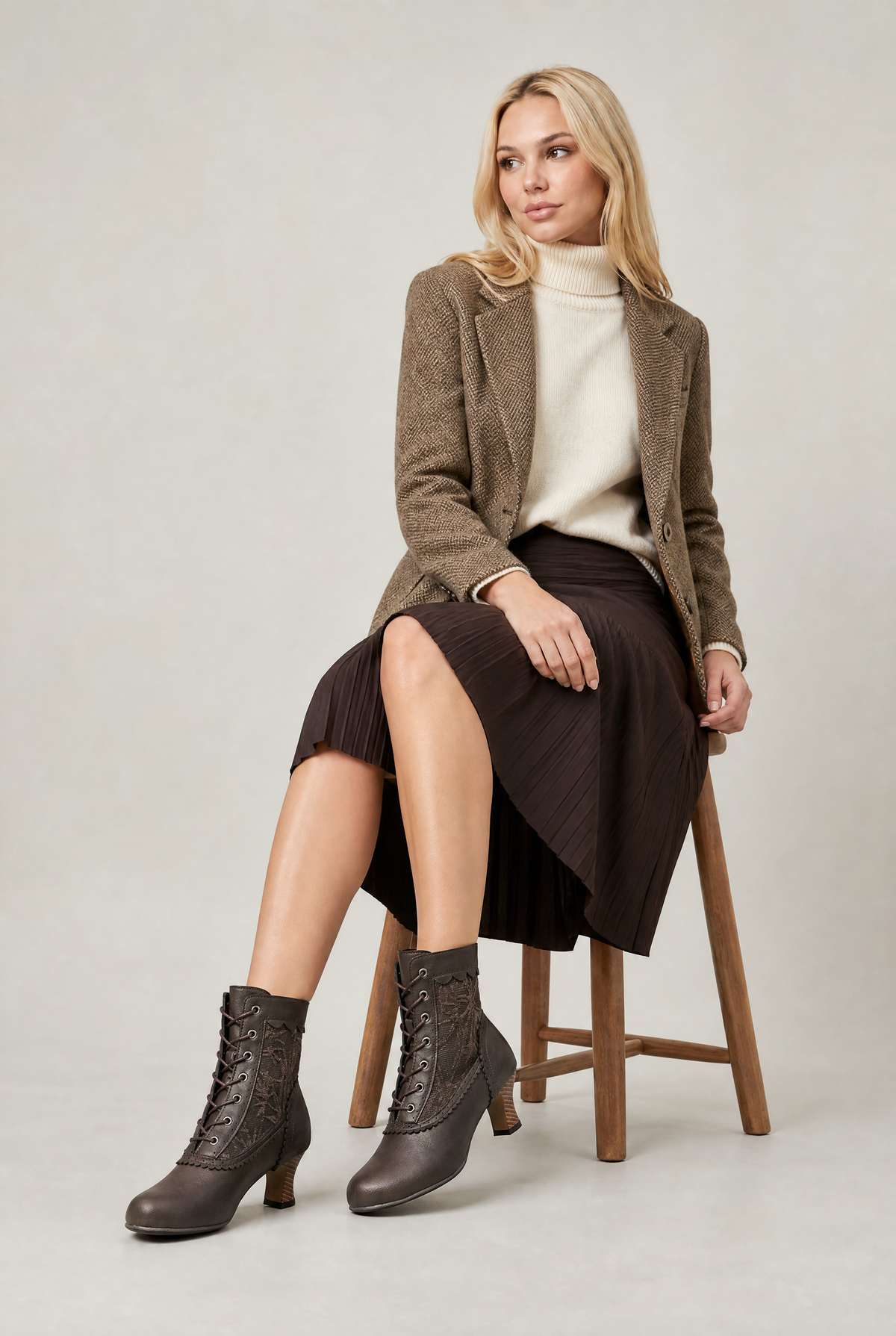 Ankle Boots Women Lace Up Vintage Heel