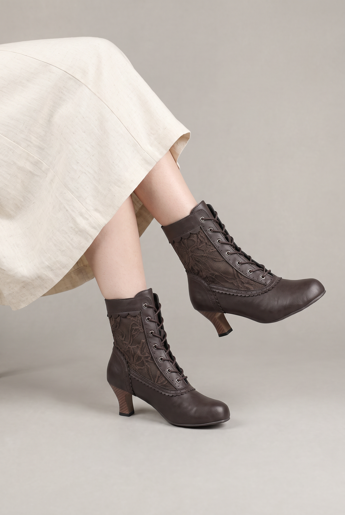 Ankle Boots Women Lace Up Vintage Heel