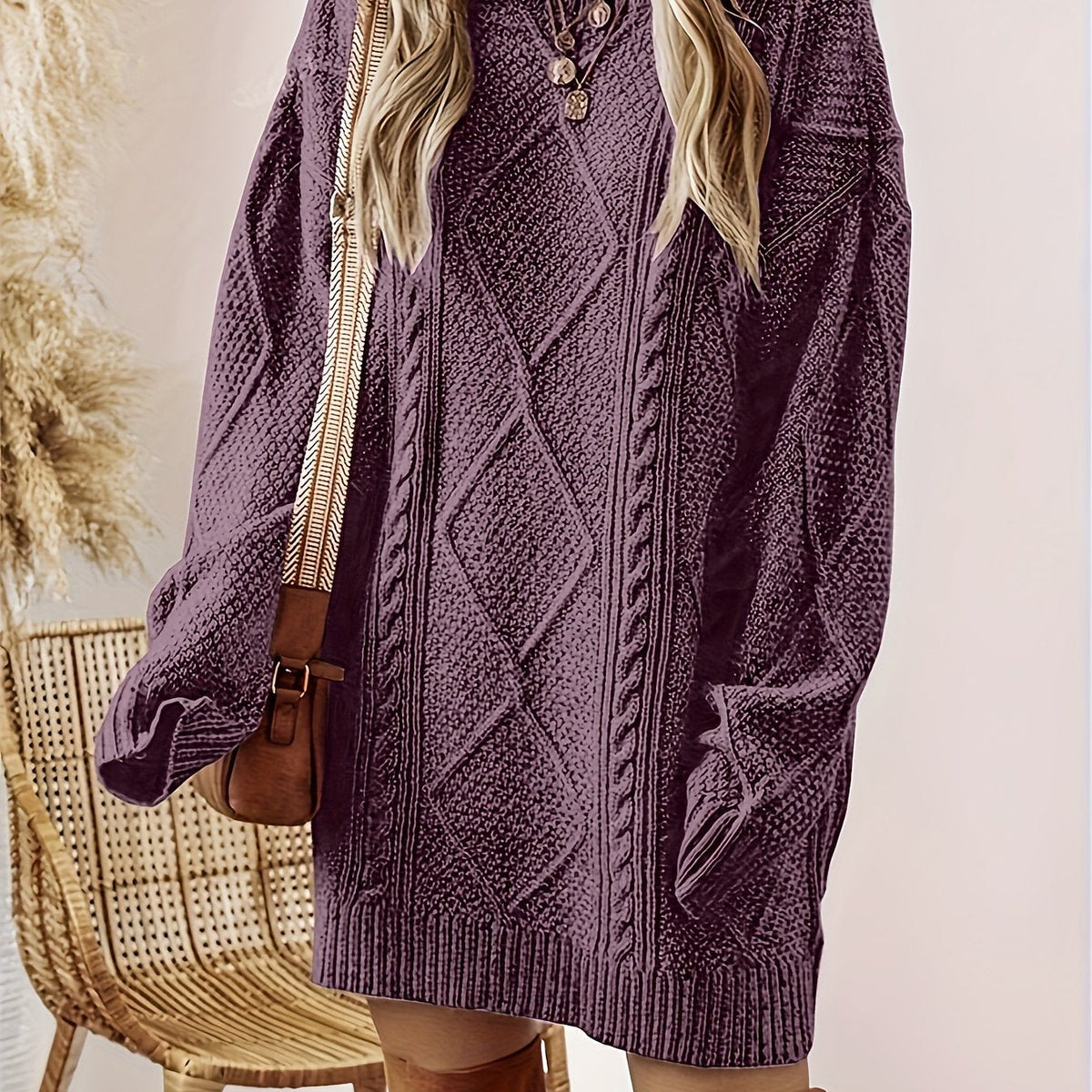 Midi Sweater Dress Women Cable Knit Long Sleeve