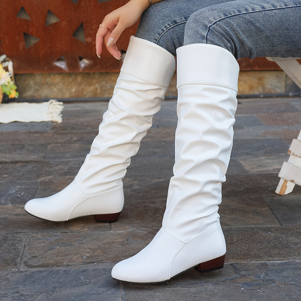 Knee High Boots Women Slouch Block Heel