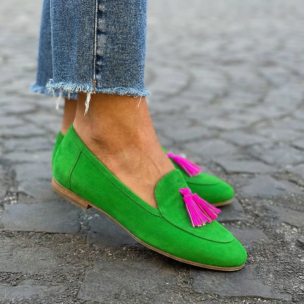 Antonia Green Loafers with Fuchsia Fringe