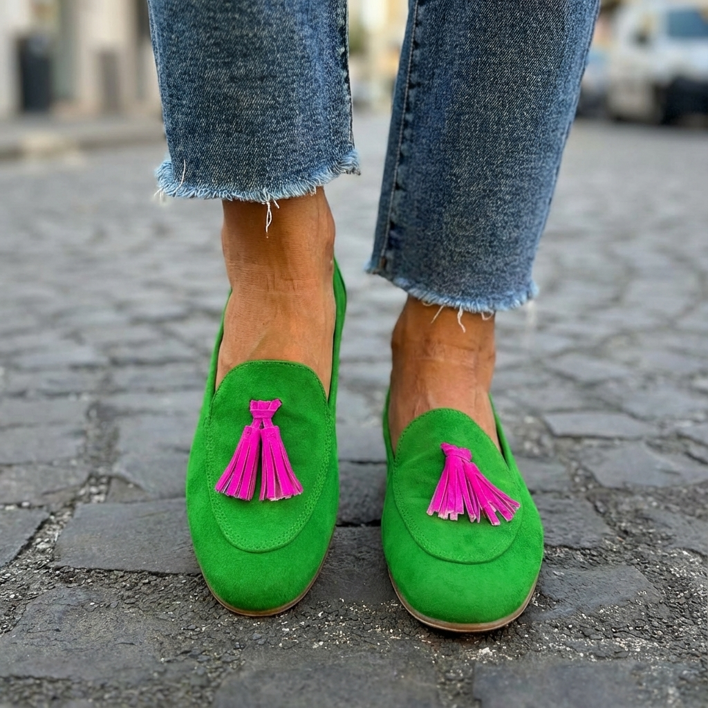 Antonia Green Loafers with Fuchsia Fringe