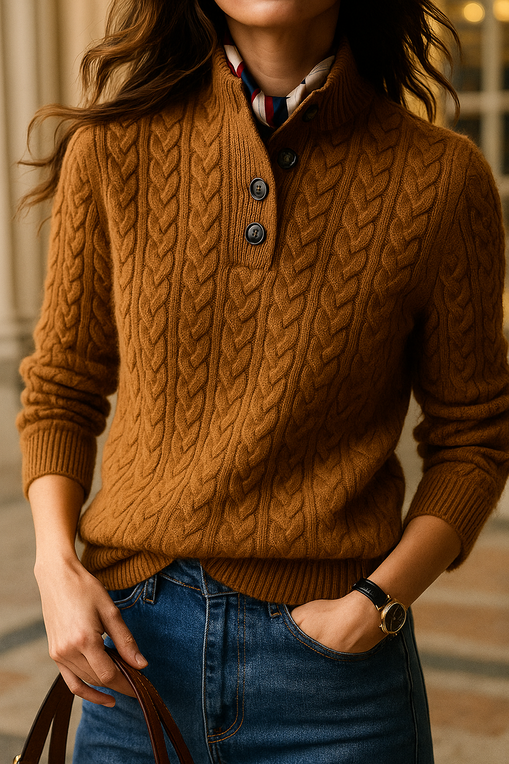 Cable Knit Sweater Women Button Neck Stand Collar
