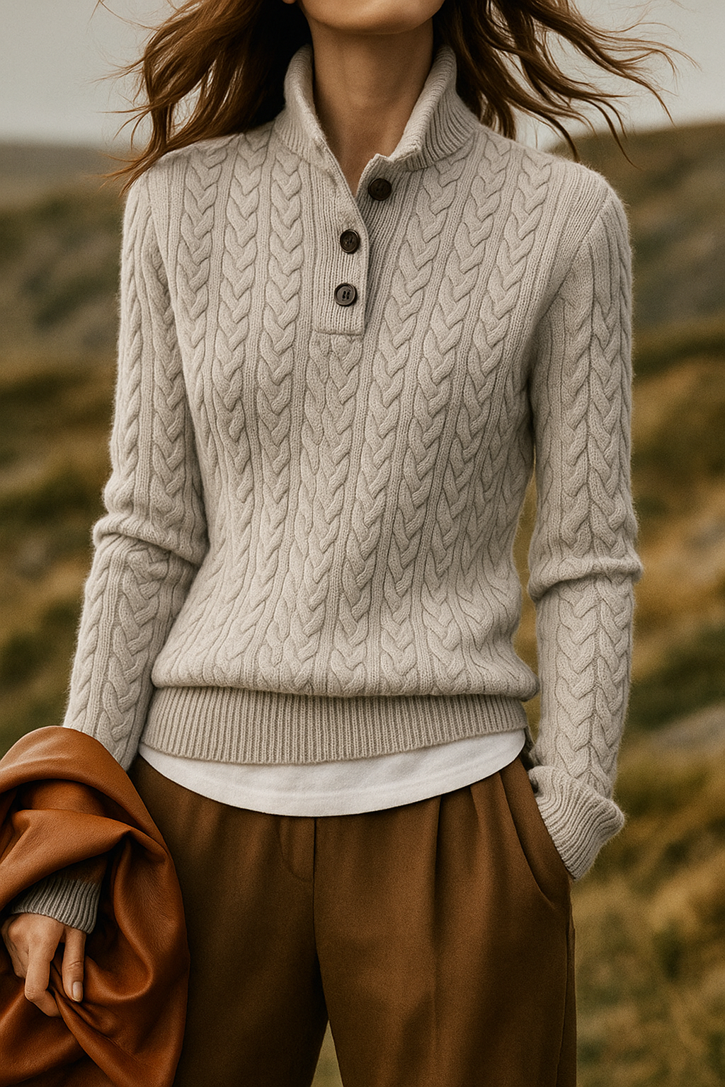 Cable Knit Sweater Women Button Neck Stand Collar