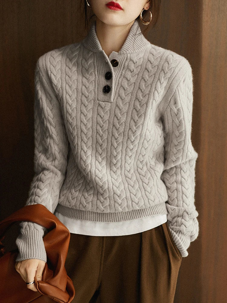 Cable Knit Sweater Women Button Neck Stand Collar
