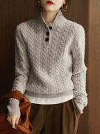 Cable Knit Sweater Women Button Neck Stand Collar