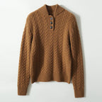 Cable Knit Sweater Women Button Neck Stand Collar