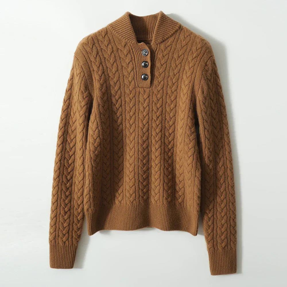 Cable Knit Sweater Women Button Neck Stand Collar
