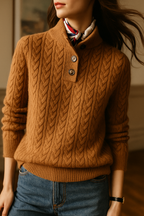 Cable Knit Sweater Women Button Neck Stand Collar