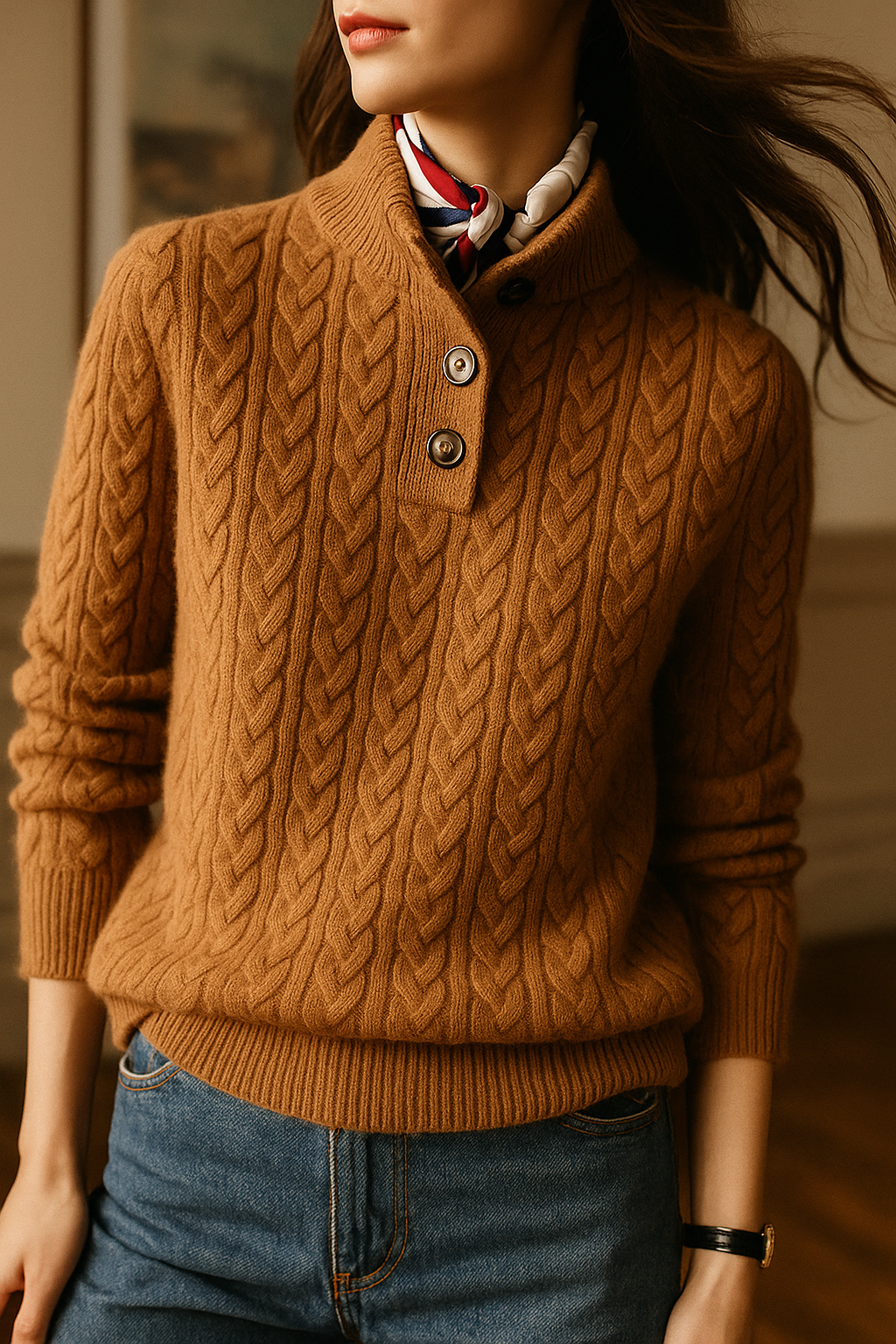 Cable Knit Sweater Women Button Neck Stand Collar