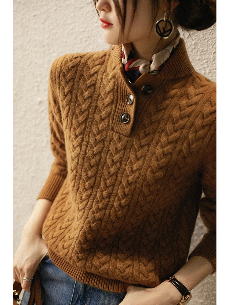 Cable Knit Sweater Women Button Neck Stand Collar