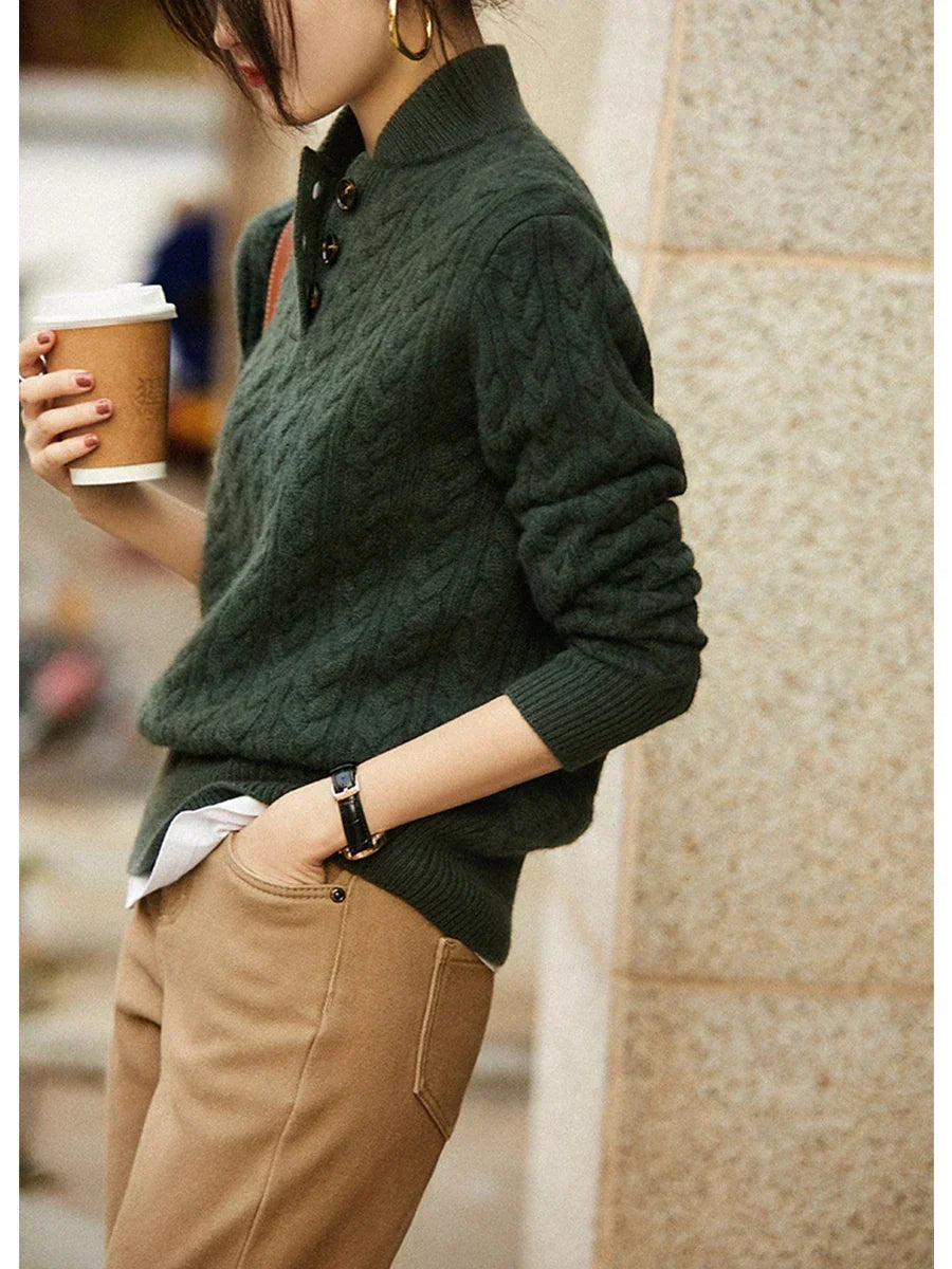 Cable Knit Sweater Women Button Neck Stand Collar