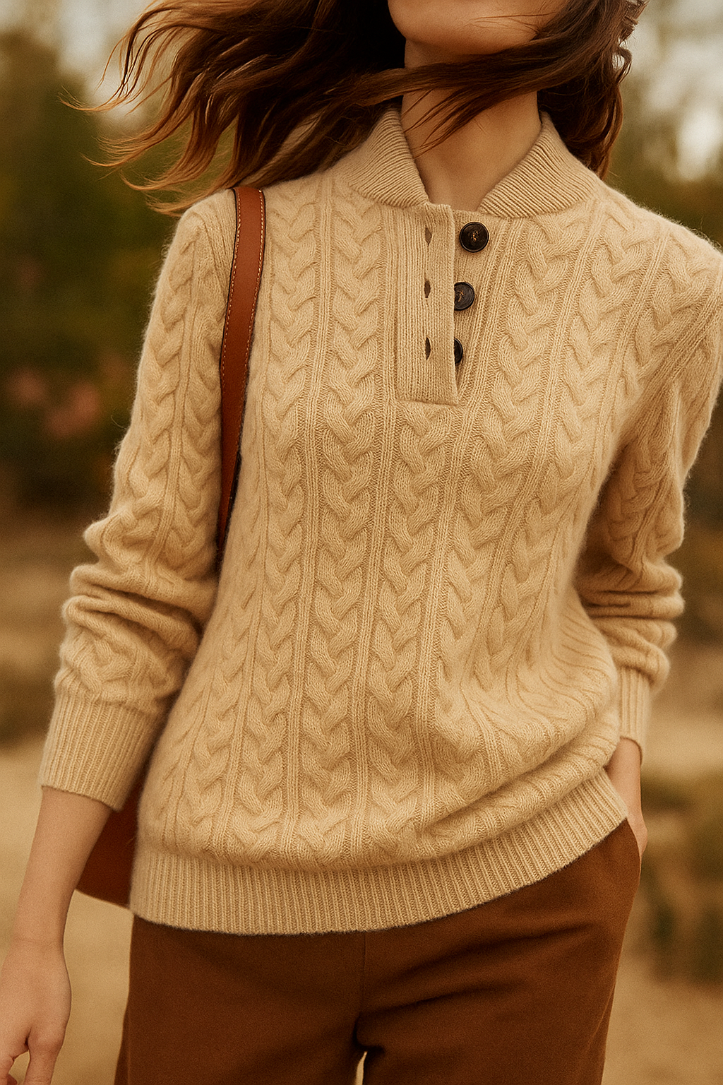 Cable Knit Sweater Women Button Neck Stand Collar