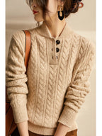 Cable Knit Sweater Women Button Neck Stand Collar