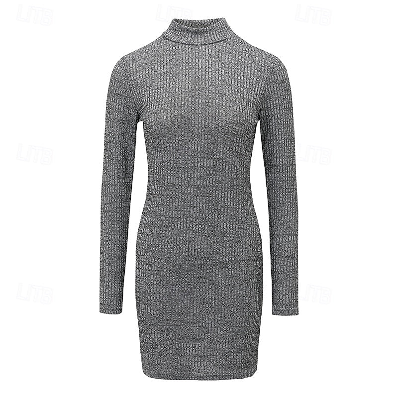 Ribbed Turtleneck Sweater Dress Women Long Sleeve