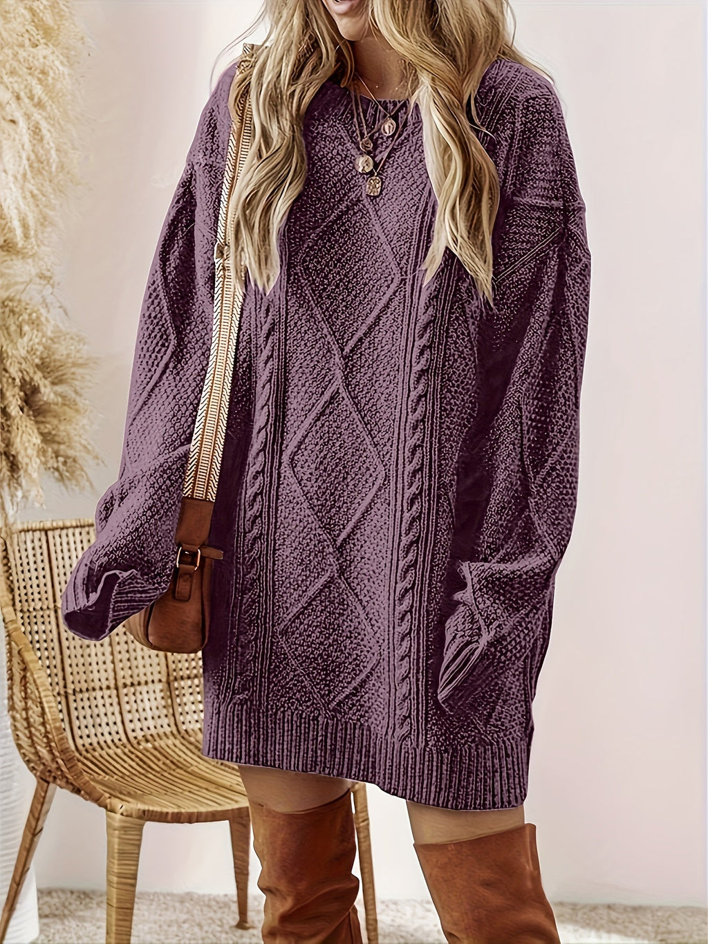 Midi Sweater Dress Women Cable Knit Long Sleeve
