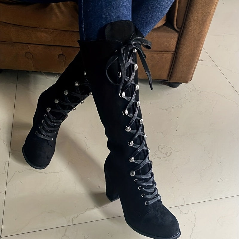 Tall Boots Women Lace Up Chunky Heel