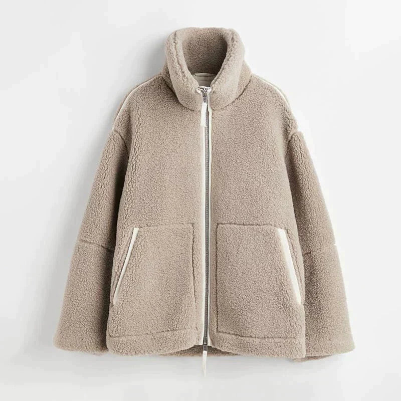 Celeste Luxe Teddy Coat – Oversized Shearling-Style with Stand Collar & Zipper