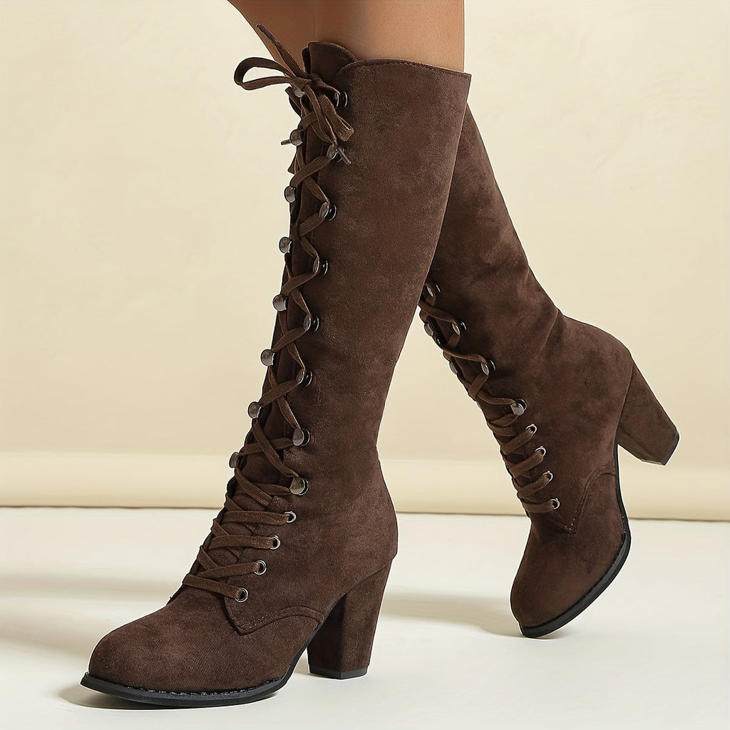 Tall Boots Women Lace Up Chunky Heel