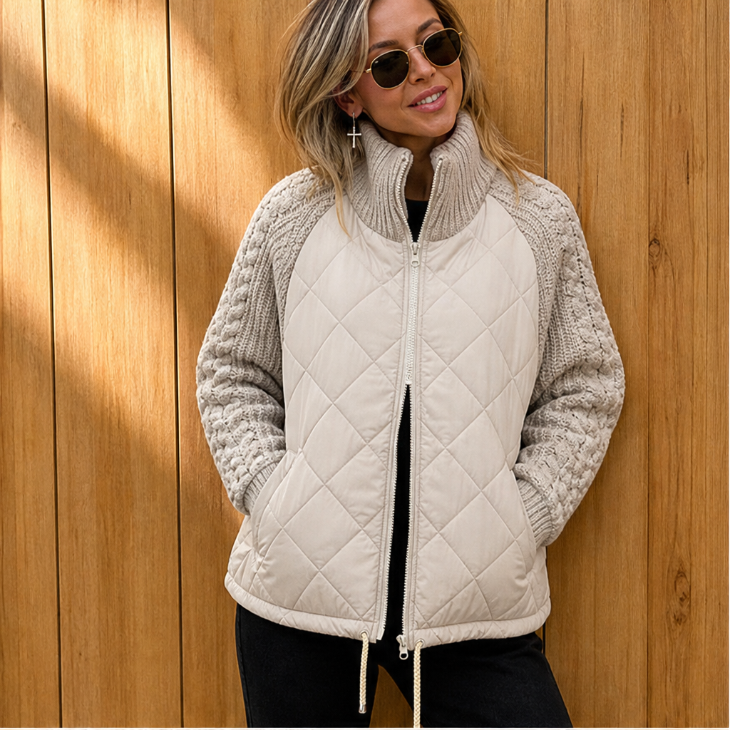 Puffer Jacket Women with Knit Sleeves, Warm and Modern