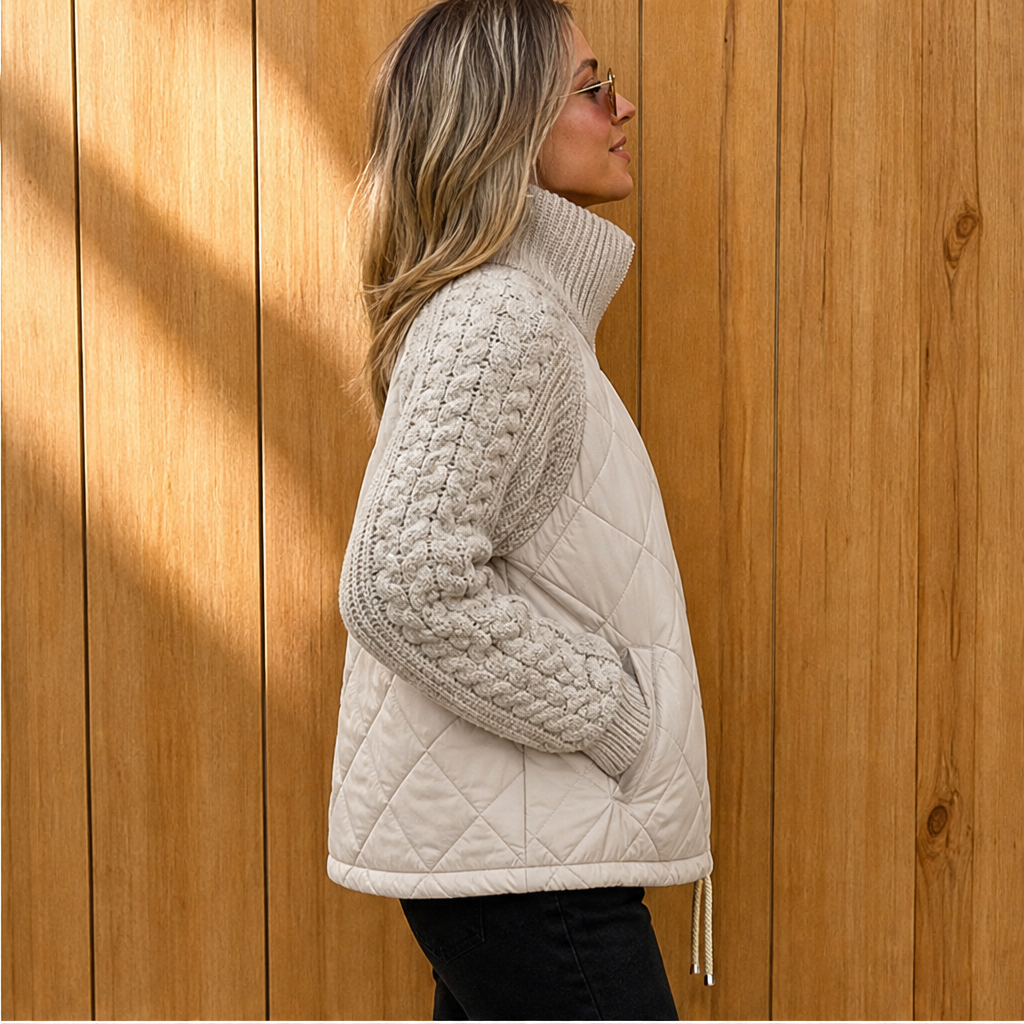 Puffer Jacket Women with Knit Sleeves, Warm and Modern