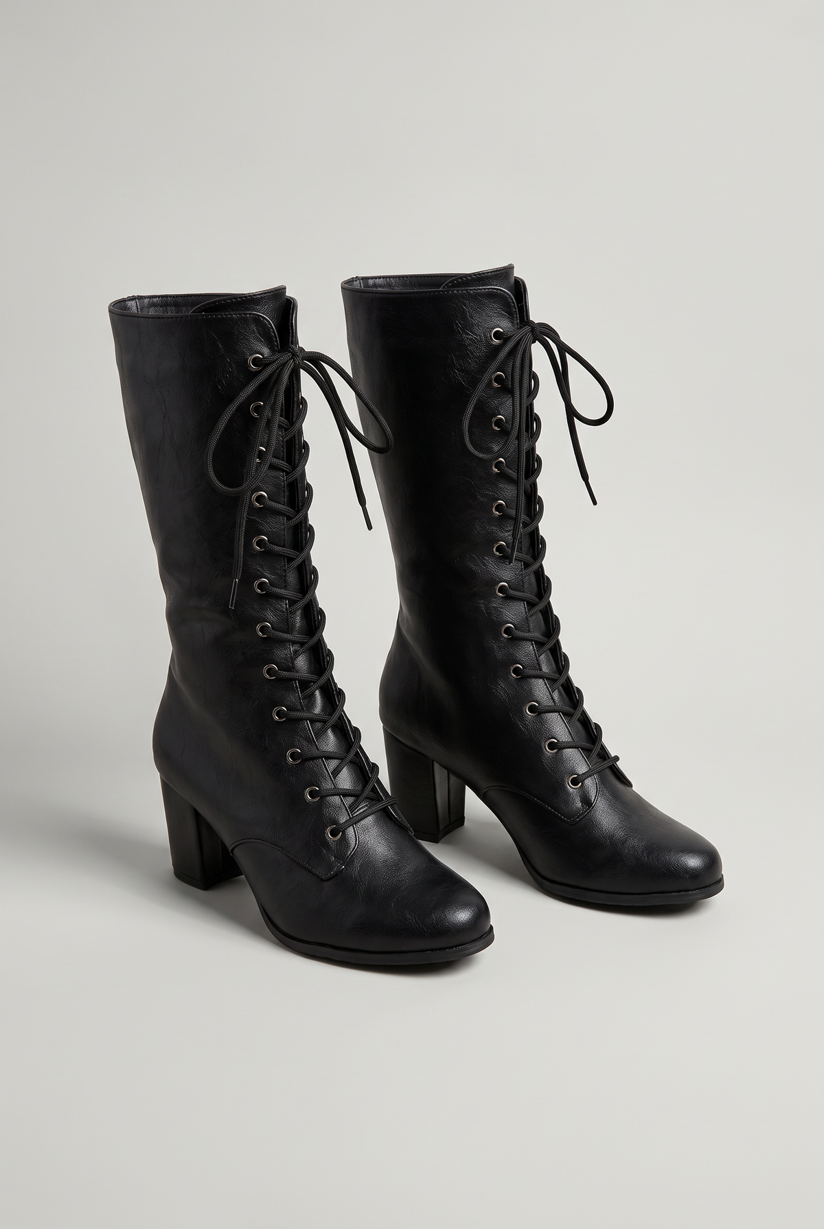 Lace Up Boots Women Block Heel Mid Calf