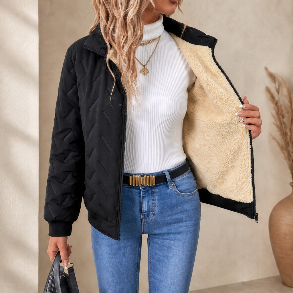Puffer Jacket Women with Stand Collar and Zip Pockets