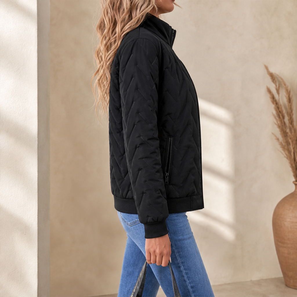 Puffer Jacket Women with Stand Collar and Zip Pockets