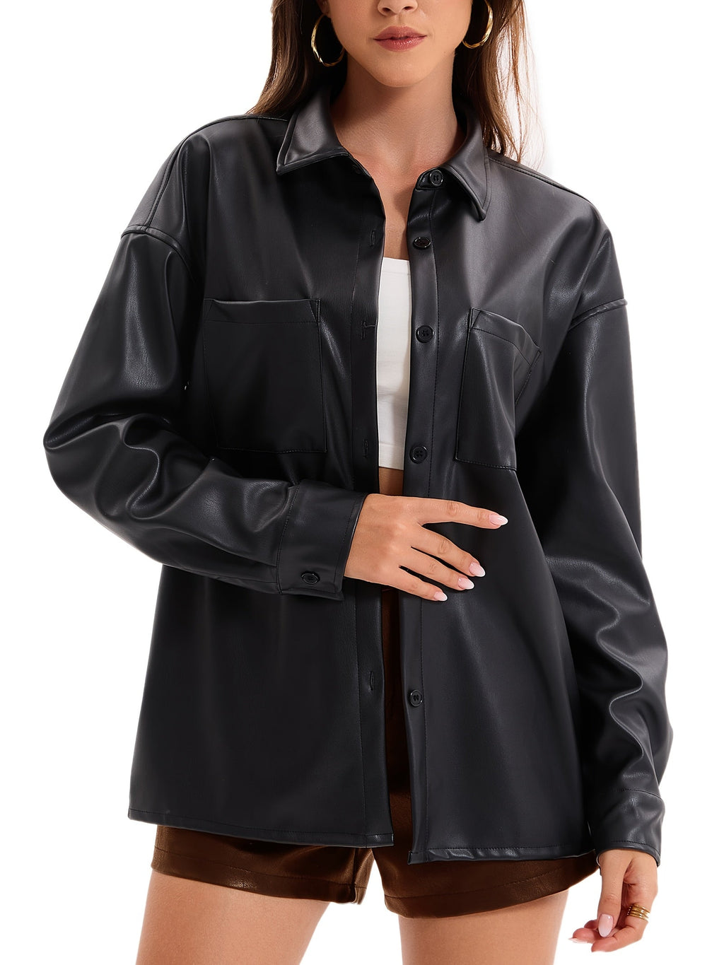 Oversized Faux Leather Jacket Women Button Front