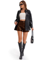 Oversized Faux Leather Jacket Women Button Front