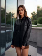 Oversized Faux Leather Jacket Women Button Front