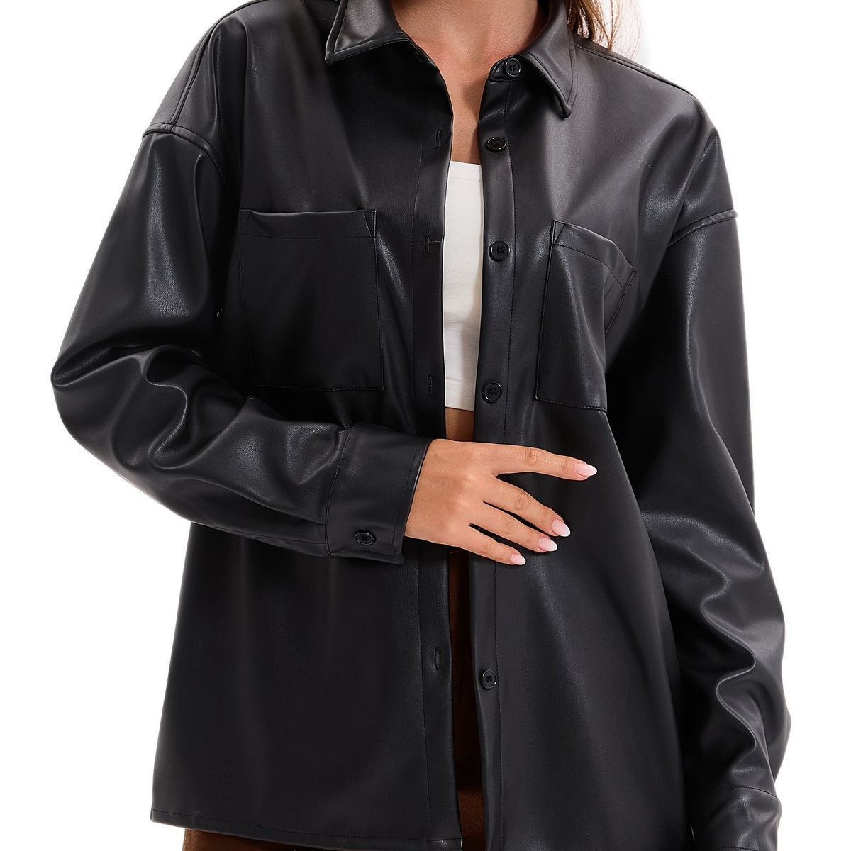 Oversized Faux Leather Jacket Women Button Front