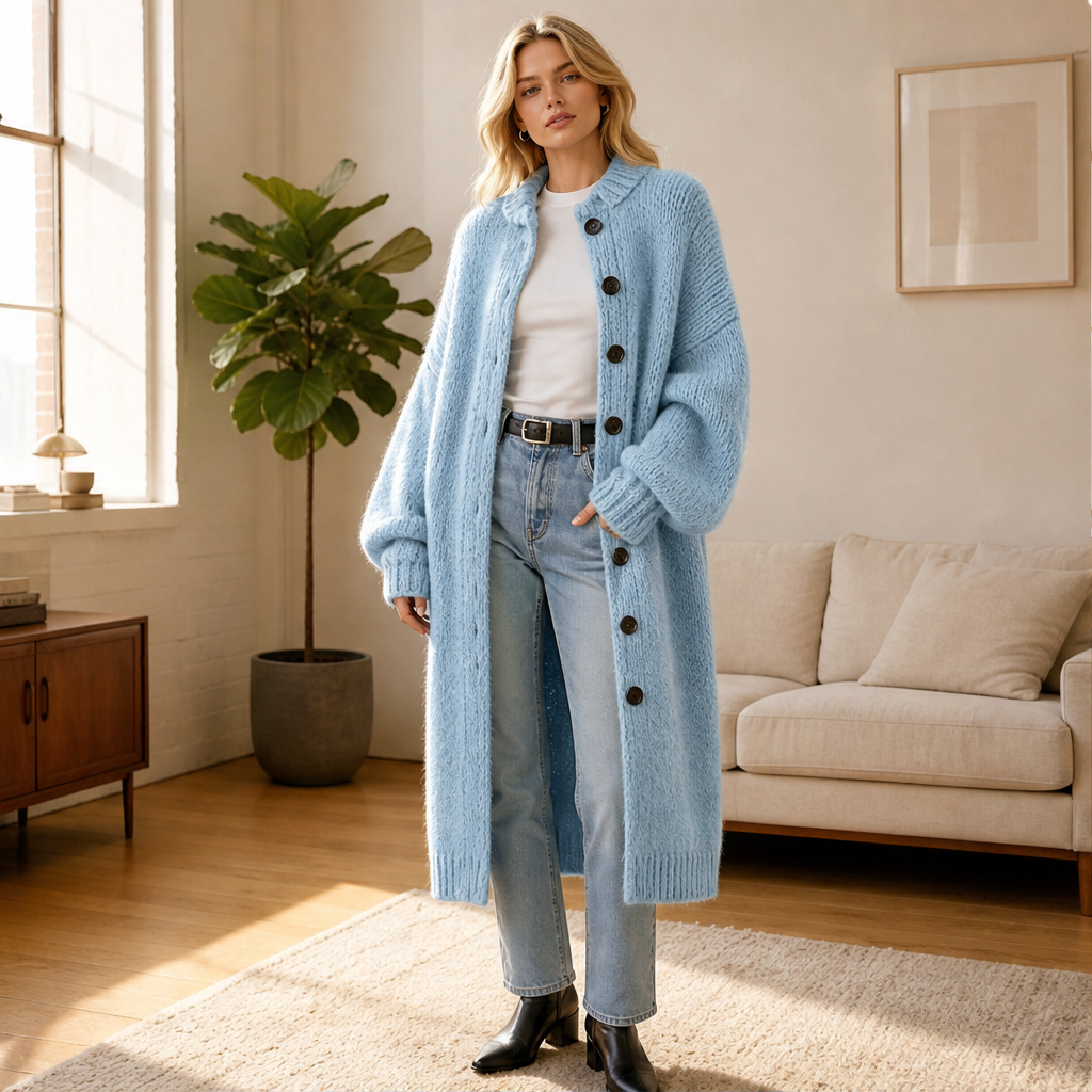 Women's Long Chunky-Knit Cardigan with Button Front