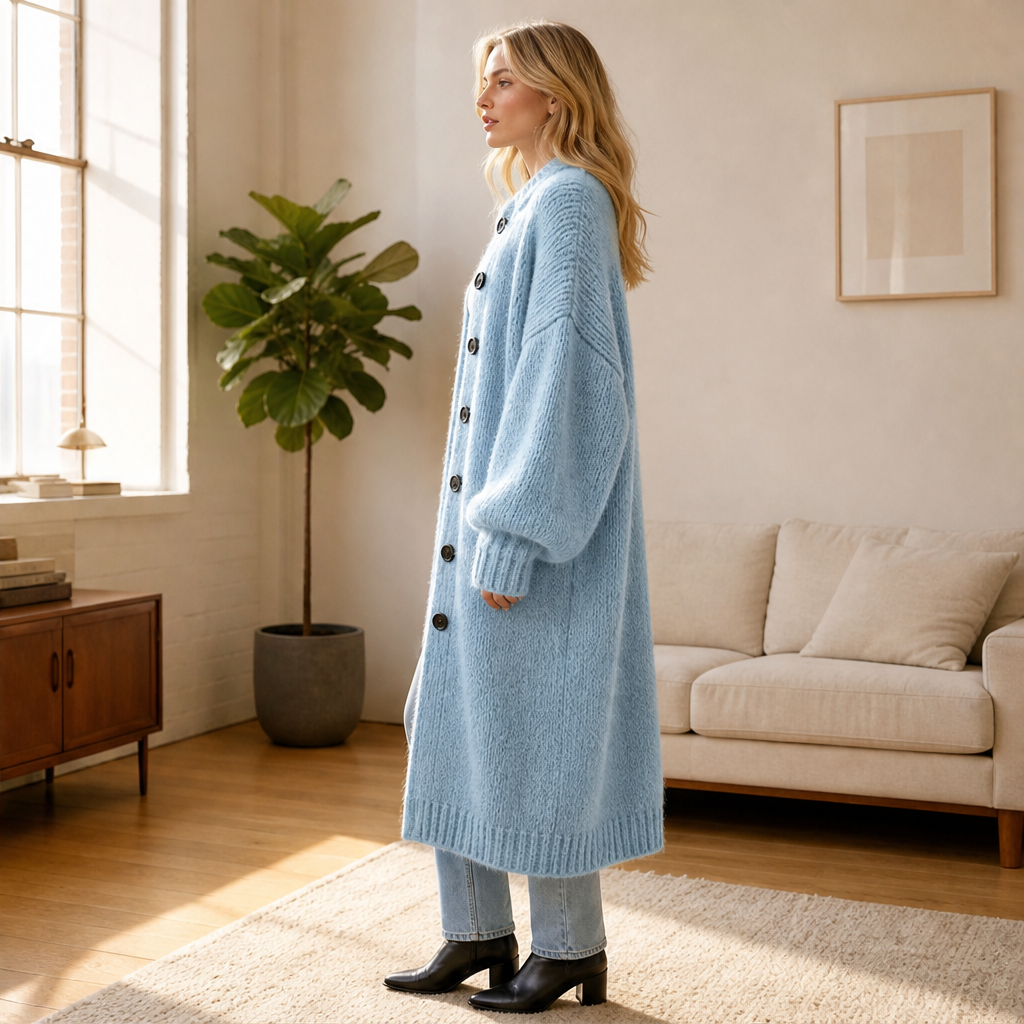 Women's Long Chunky-Knit Cardigan with Button Front