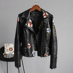 Faux Leather Jacket Women with Embroidery