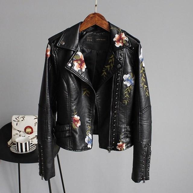 Faux Leather Jacket Women with Embroidery