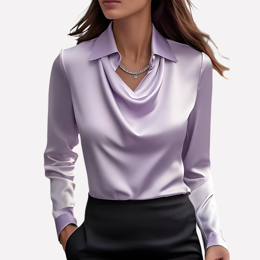 Women's Satin Blouse with Draped Neckline, Elegant