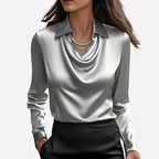 Women's Satin Blouse with Draped Neckline, Elegant