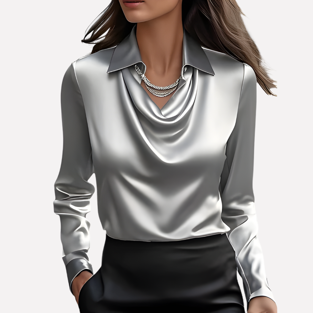 Women's Satin Blouse with Draped Neckline, Elegant