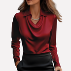 Women's Satin Blouse with Draped Neckline, Elegant
