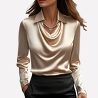 Women's Satin Blouse with Draped Neckline, Elegant