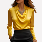 Women's Satin Blouse with Draped Neckline, Elegant